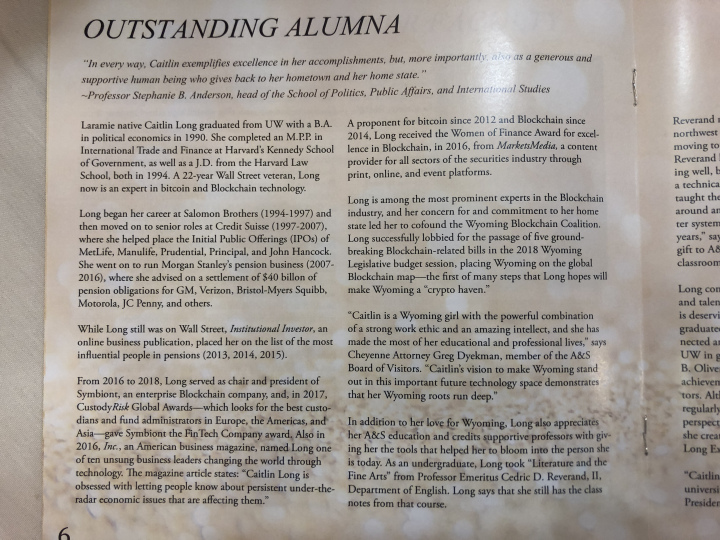 page of a textbook about Caitlin being an outstanding alumna